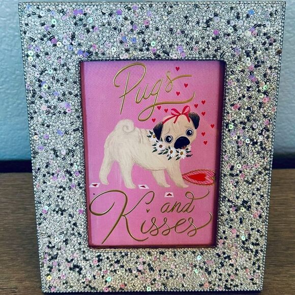 Pugs & Kisses Valentine Pug Dog Beaded Frame Decor - Picture 1 of 4